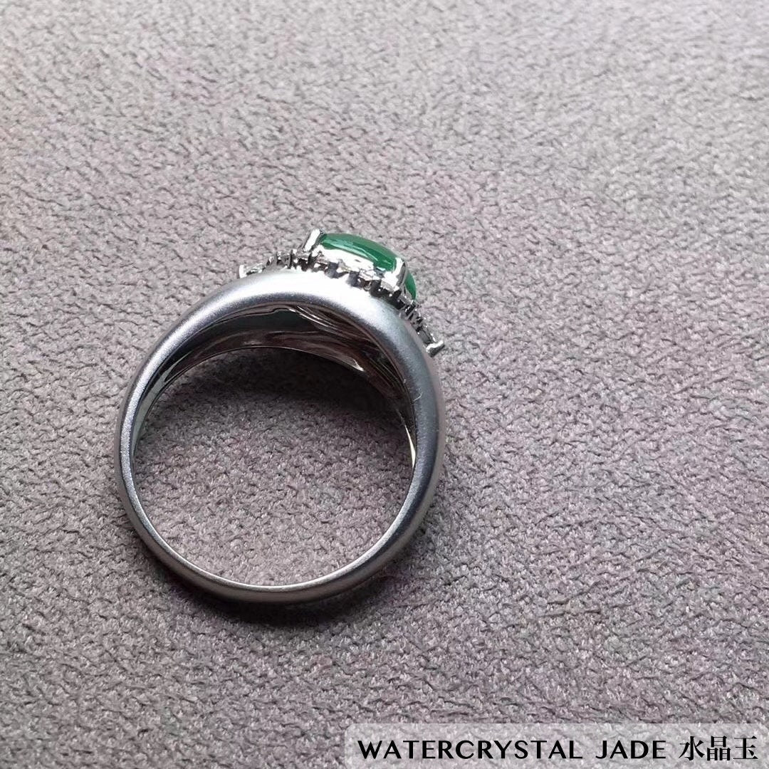 Reserved: Myanmar Grade A Yang Green Jadeite Jade Ring 18K White Gold Setting with Diamonds