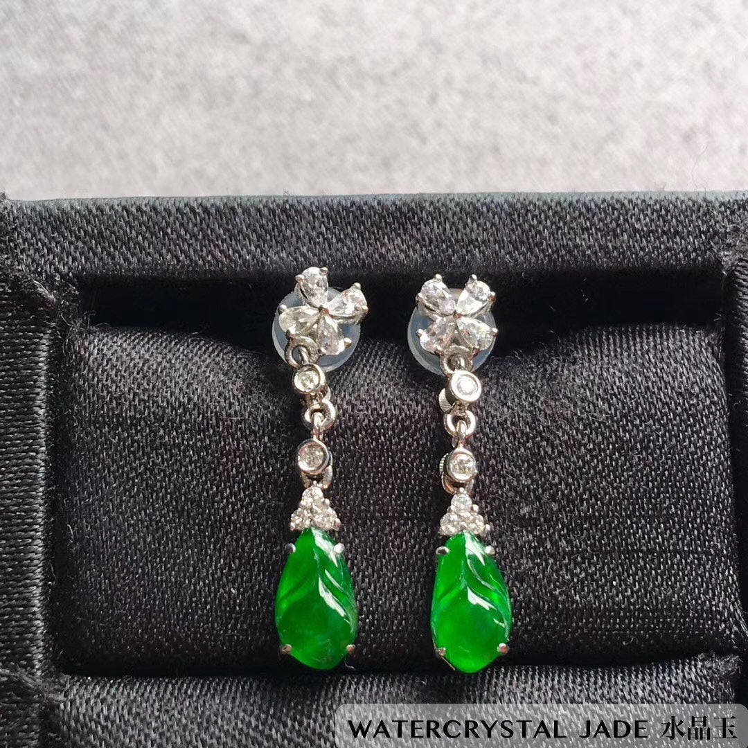 Beautiful NEW Myanmar Yang Green Jadeite Dangling Diamond 18K White Gold Earrings
