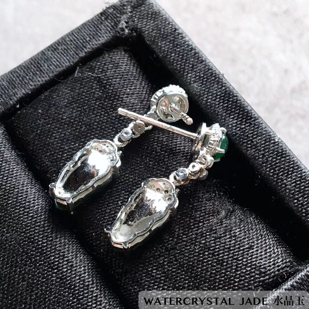 Brand New Myanmar Jadeite Jade Dangling Stud Carved Leaf Earring 18K White Gold