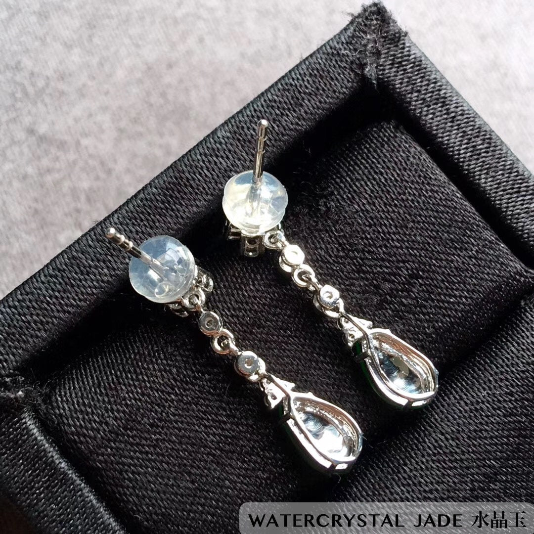 Beautiful NEW Myanmar Yang Green Jadeite Dangling Diamond 18K White Gold Earrings