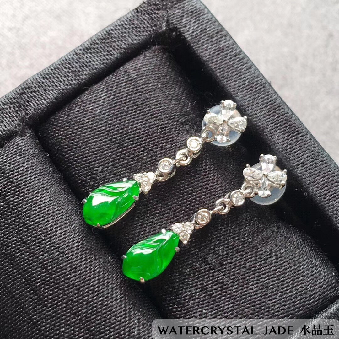 Beautiful NEW Myanmar Yang Green Jadeite Dangling Diamond 18K White Gold Earrings