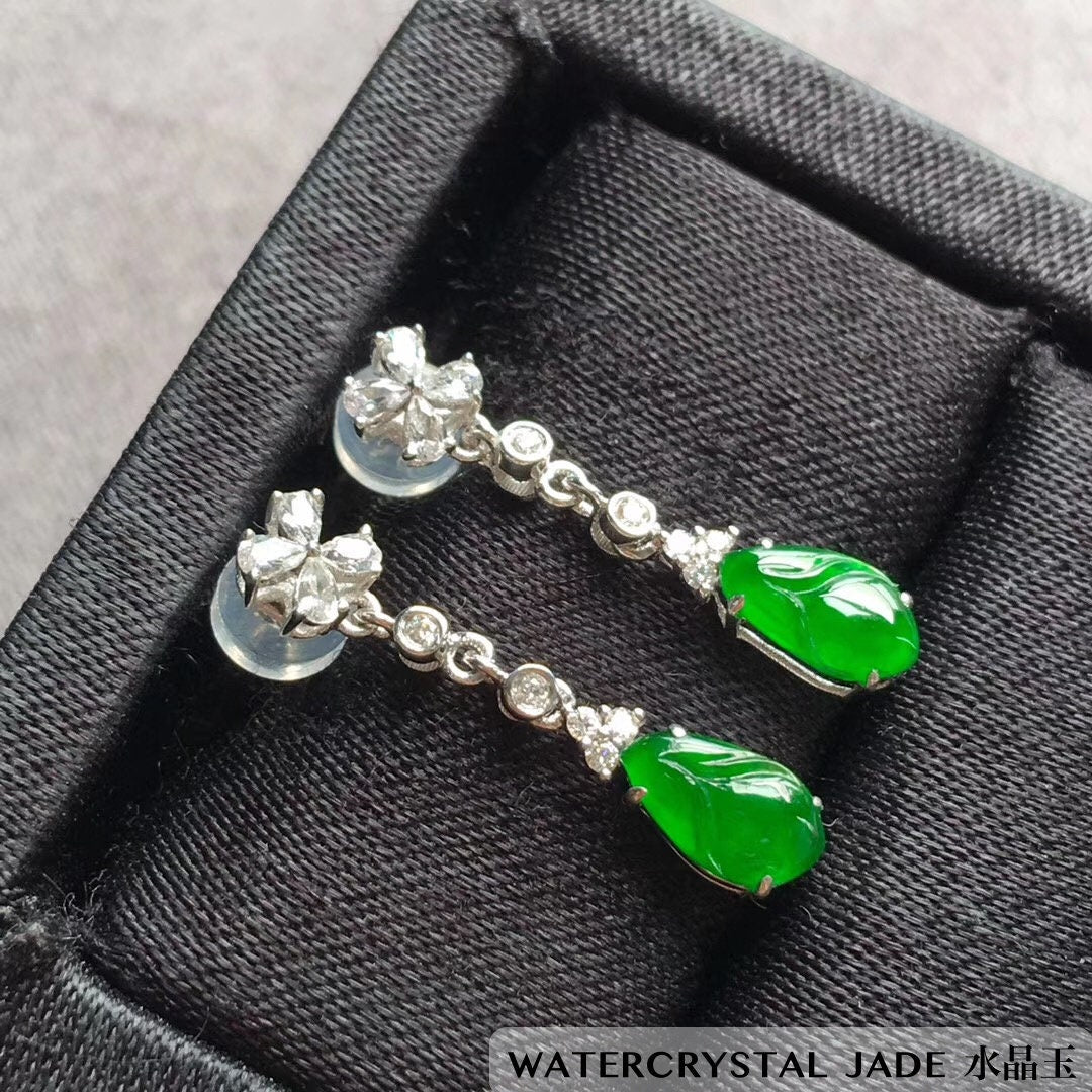 Beautiful NEW Myanmar Yang Green Jadeite Dangling Diamond 18K White Gold Earrings