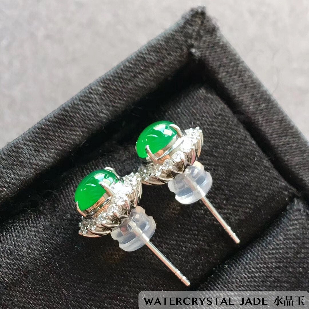 Beautiful Myanmar Cabochon Yang Green Icy Translucent Moist Jadeite Jade Stud Earring RARE