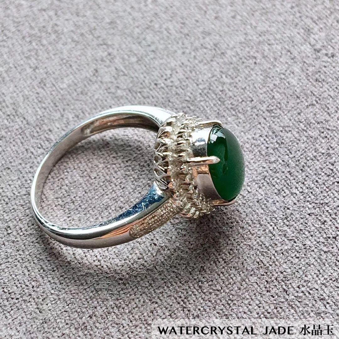 Myanmar Jadeite Jade Imperial Dark Green Cabochon Ring 18K White Gold Diamonds