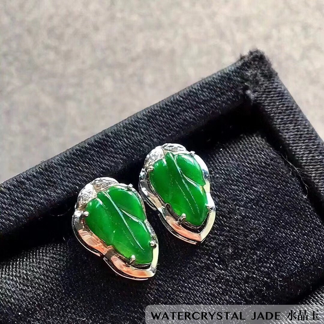 RESERVED: Brand New Myanmar Grade A Jadeite Icy Green BIG LEAF 18K White Gold Earring