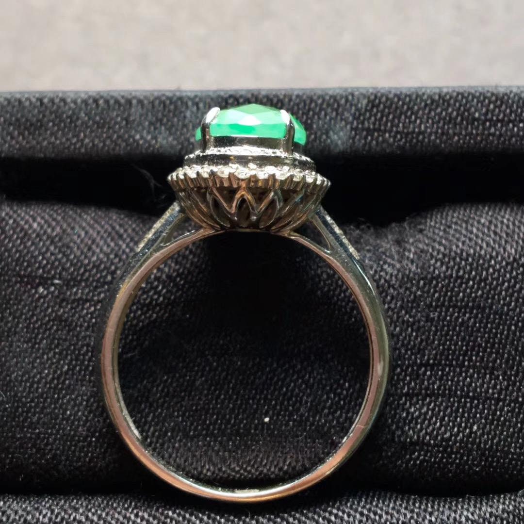 NEW Myanmar Grade A Icy Sweet Green Jade Jadeite Carved Cut Ring 18K White Gold RARE