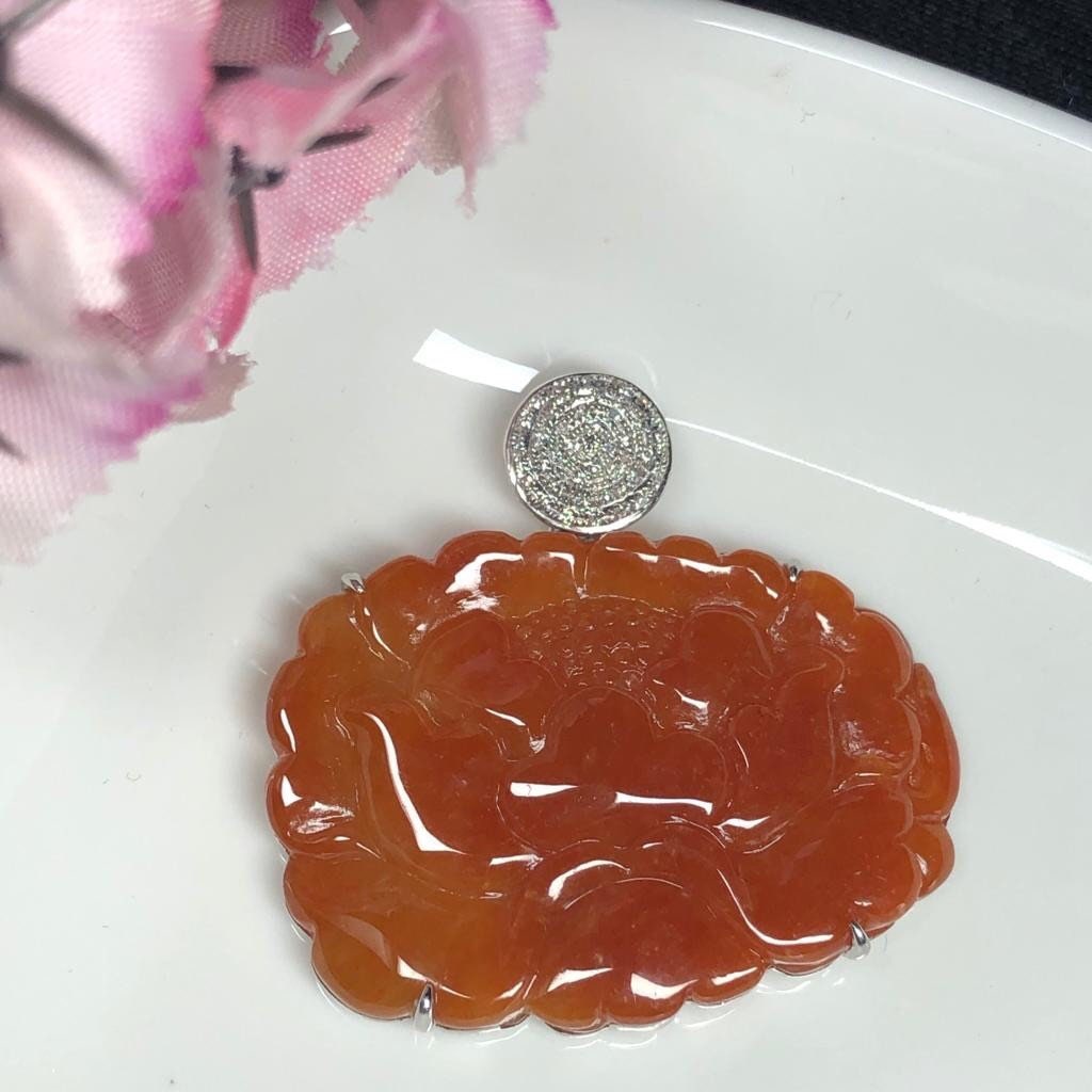 SALE: Grade A Myanmar Red Yellow Brown Lotus Flower Jadeite Jade Pendant