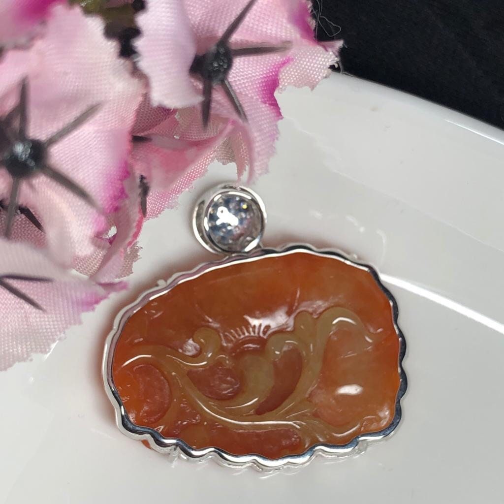SALE: Grade A Myanmar Red Yellow Brown Lotus Flower Jadeite Jade Pendant
