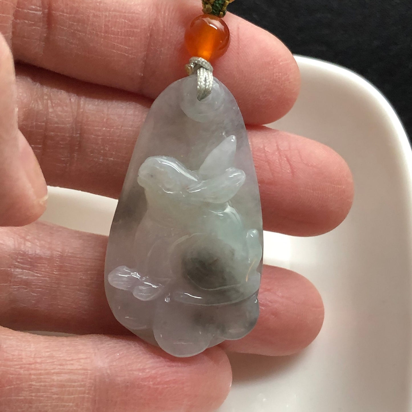 Myanmar Grade A Jadeite Old Jade Light Green Greyish Black Rabbit Bunny Pendant with neck string