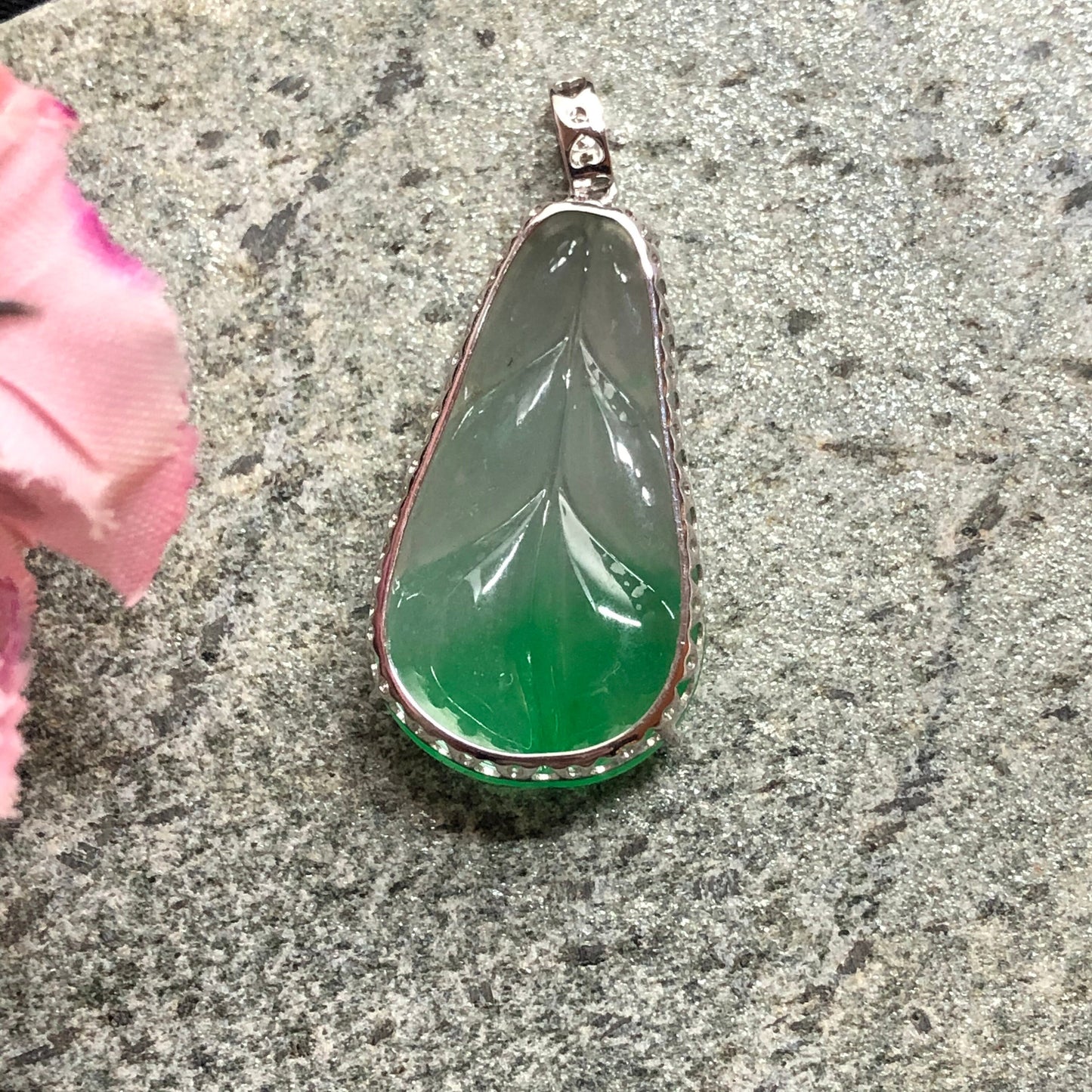 SALE: Grade A Icy Gradient Green Leaf Jadeite Jade Pendant 18K White Gold Buckle Diamonds