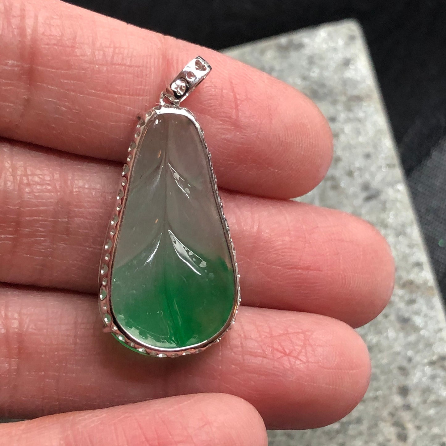 SALE: Grade A Icy Gradient Green Leaf Jadeite Jade Pendant 18K White Gold Buckle Diamonds