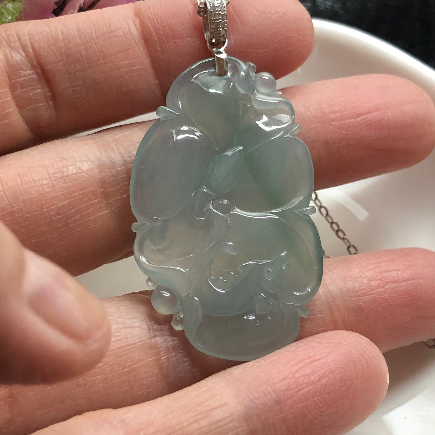 SALE: Grade A Icy Green Jadeite Jade Lotus Fish Flower with 18K White Gold Buckle and Diamonds