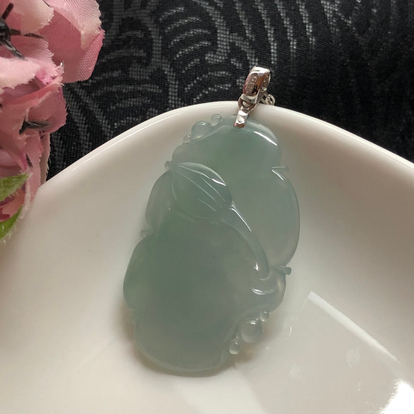 SALE: Grade A Icy Green Jadeite Jade Lotus Fish Flower with 18K White Gold Buckle and Diamonds