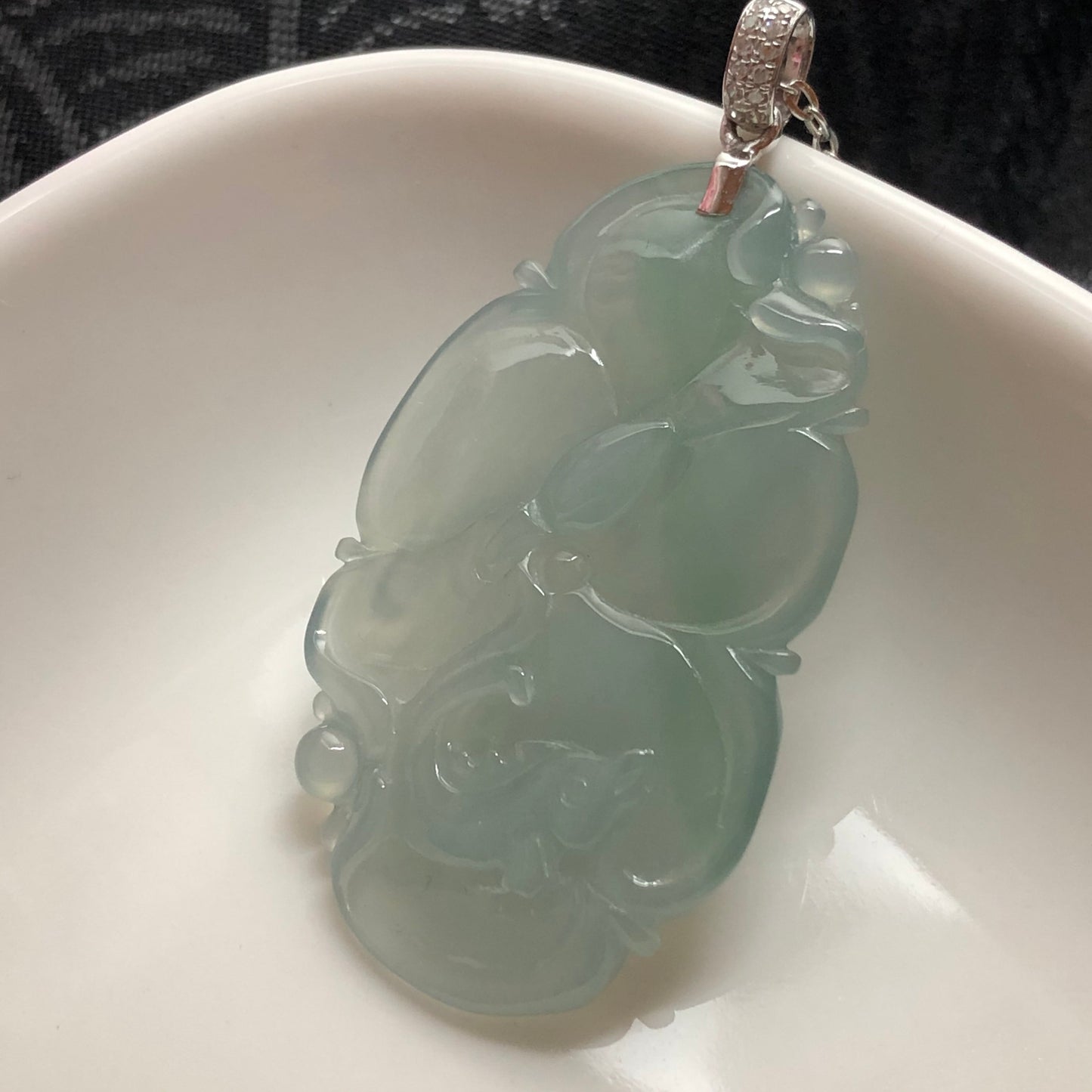 SALE: Grade A Icy Green Jadeite Jade Lotus Fish Flower with 18K White Gold Buckle and Diamonds