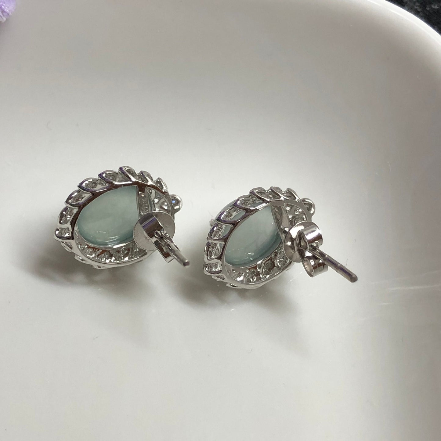 NEW Grade A High Icy Blue Jadeite Jade Cabochon shaped earrings set on 18K white Gold Leaf