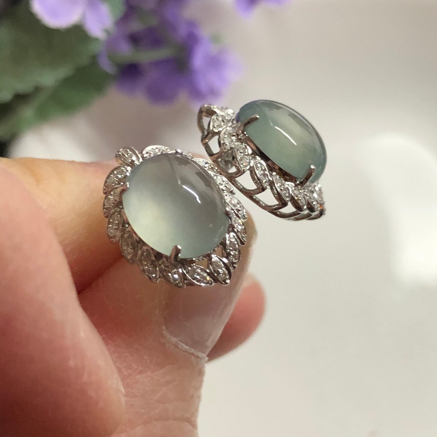 NEW Grade A High Icy Blue Jadeite Jade Cabochon shaped earrings set on 18K white Gold Leaf