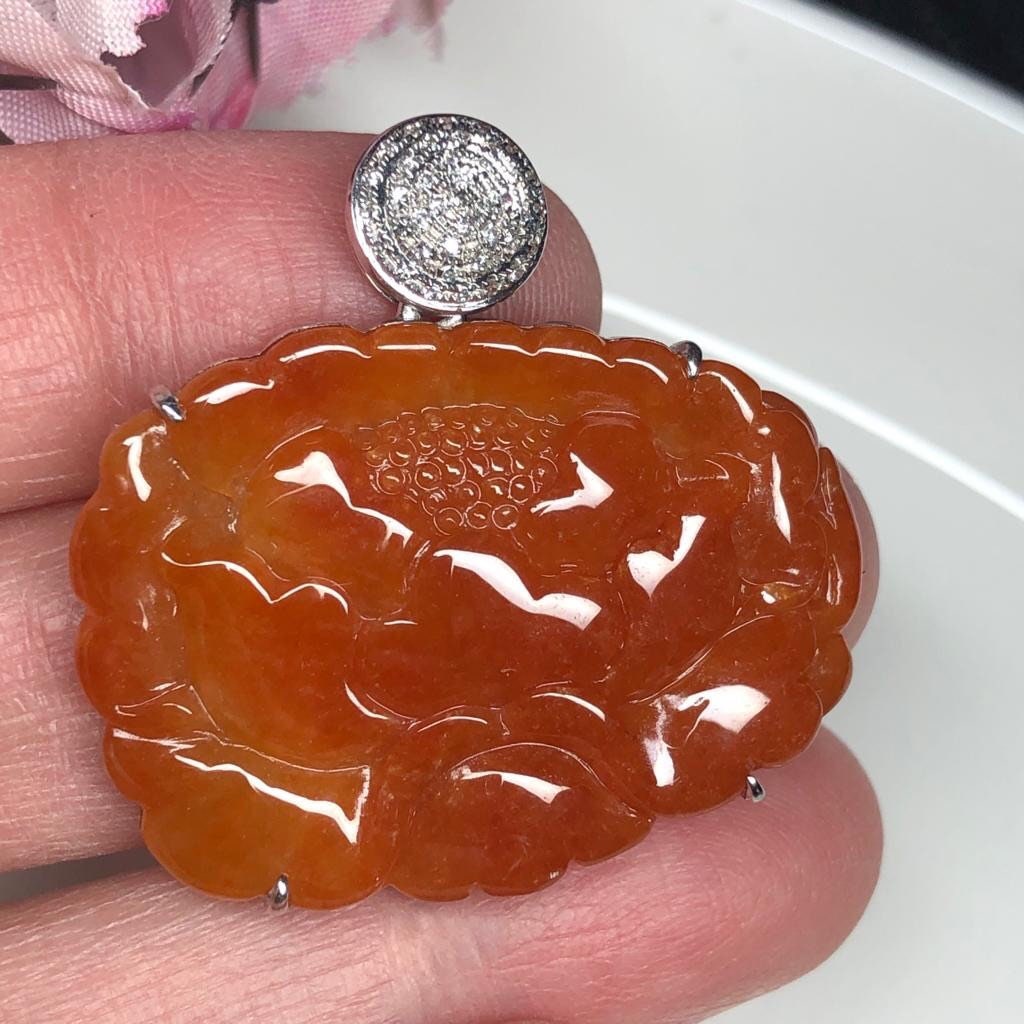 SALE: Grade A Myanmar Red Yellow Brown Lotus Flower Jadeite Jade Pendant