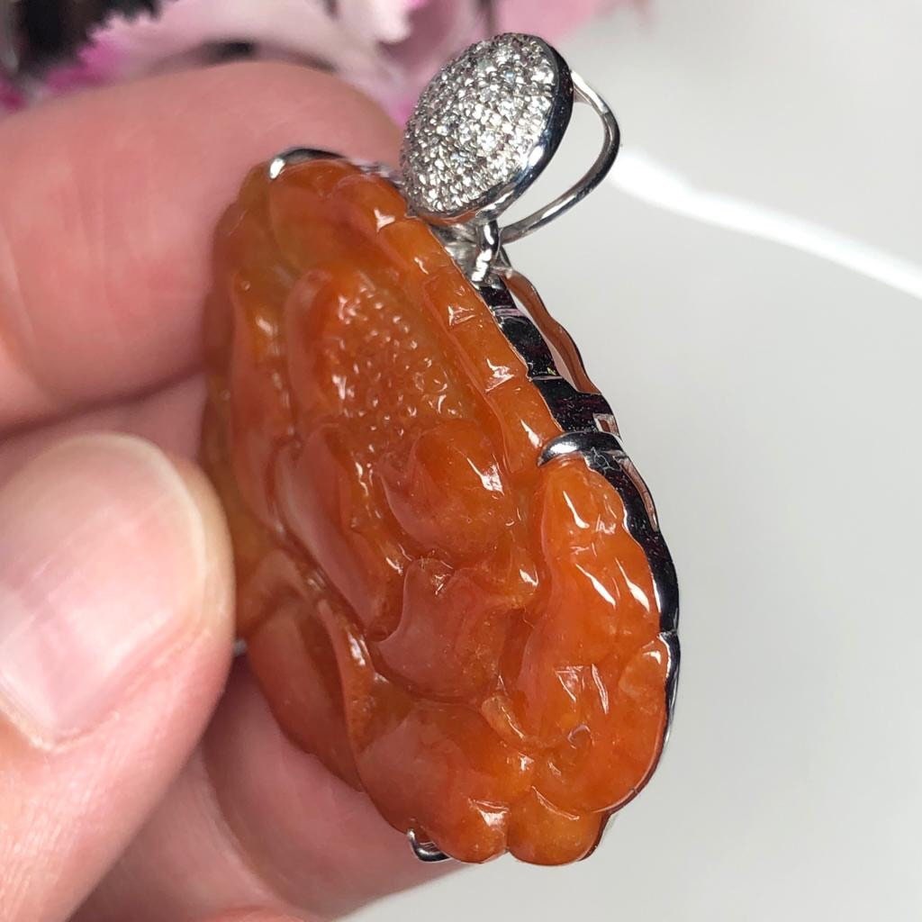 SALE: Grade A Myanmar Red Yellow Brown Lotus Flower Jadeite Jade Pendant