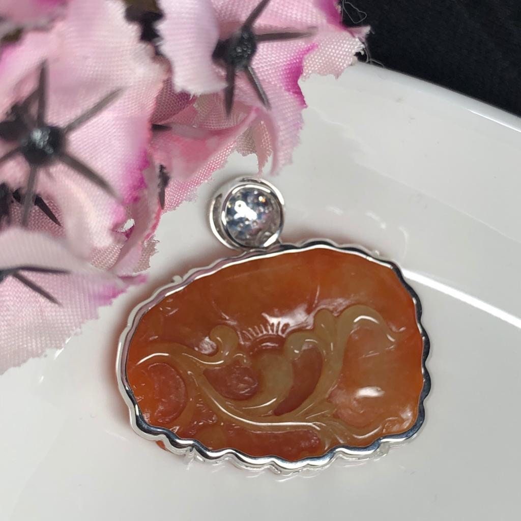 SALE: Grade A Myanmar Red Yellow Brown Lotus Flower Jadeite Jade Pendant