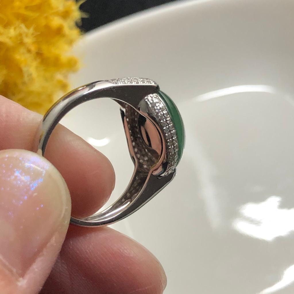 SALE: Grade A Icy Waterlake Green Jade Jadeite Oval Cabochon 18K White Gold Special Ring