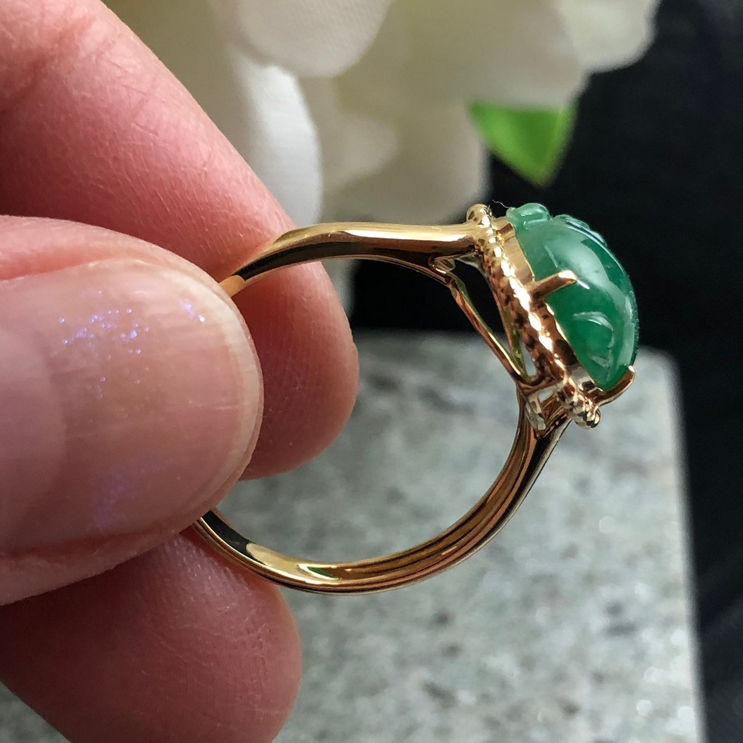 Myanmar Grade A Jadeite Jade Green Pixiu Ring 18K Yellow Gold