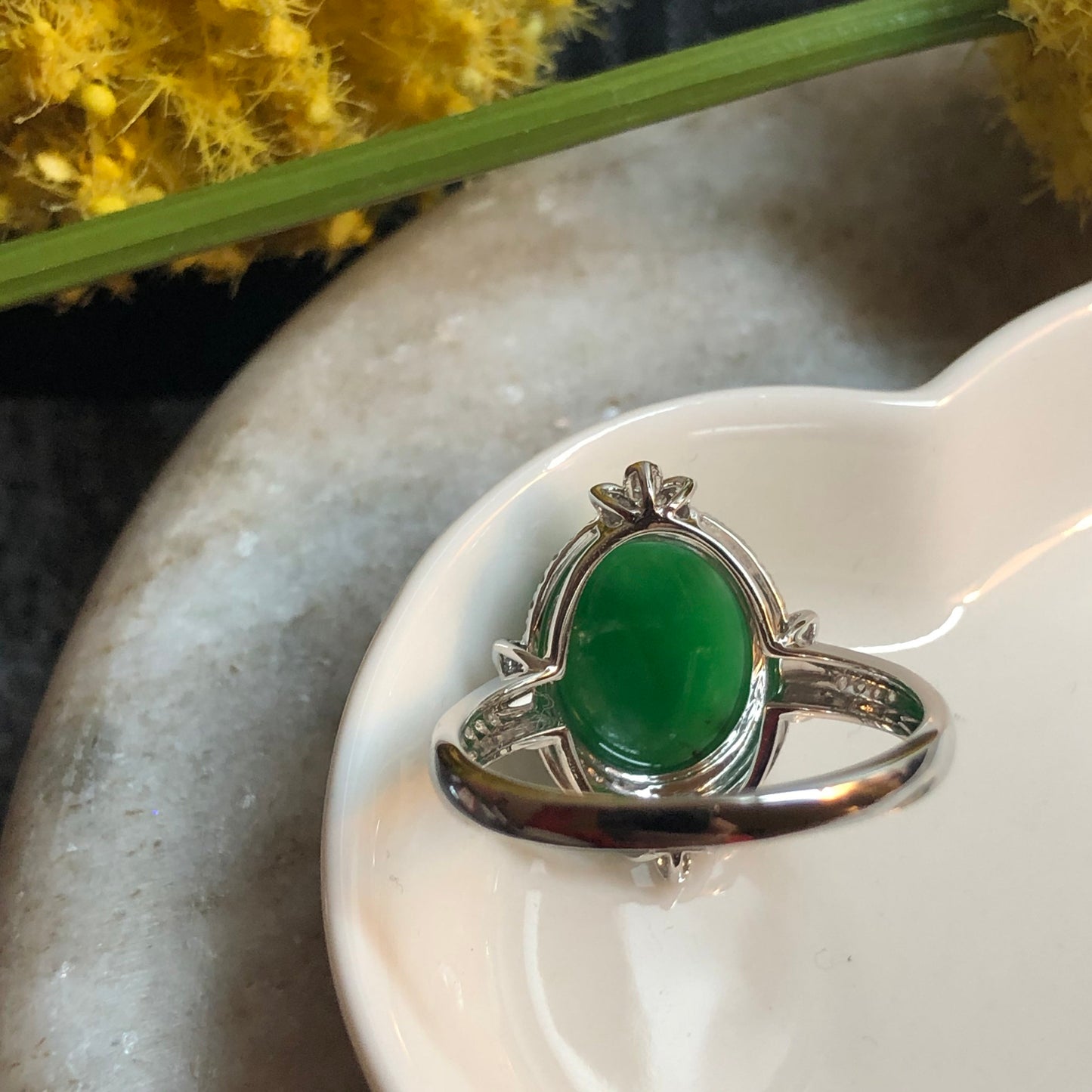 Certified Grade A Jadeite Jade Icy Yang Green Cabochon Cross Ring 18K White Gold Diamonds