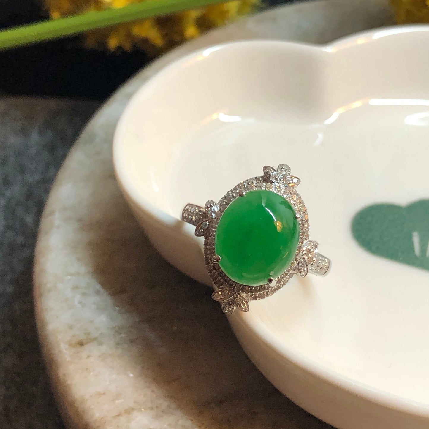 Certified Grade A Jadeite Jade Icy Yang Green Cabochon Cross Ring 18K White Gold Diamonds