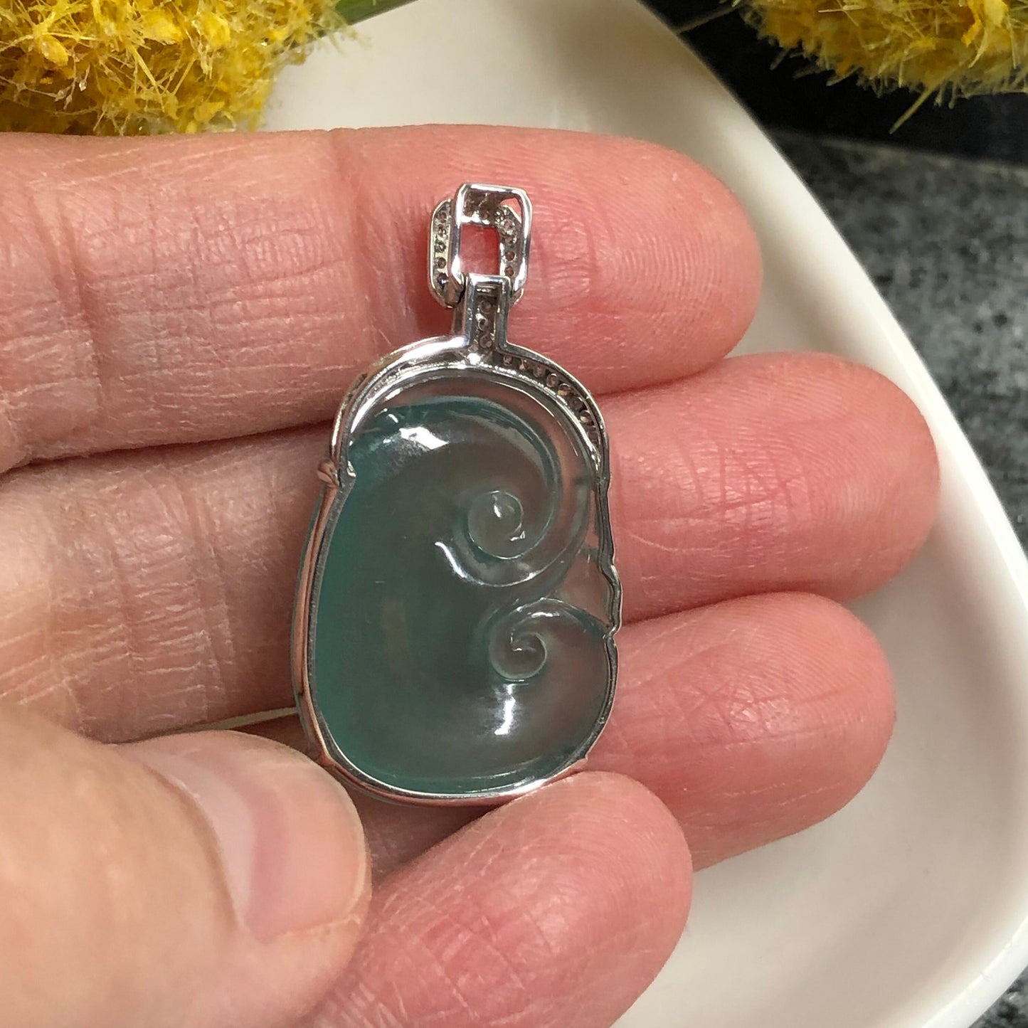 NEW Grade A Icy Jadeite Jade Ruyi Pendant set on 18K White Gold
