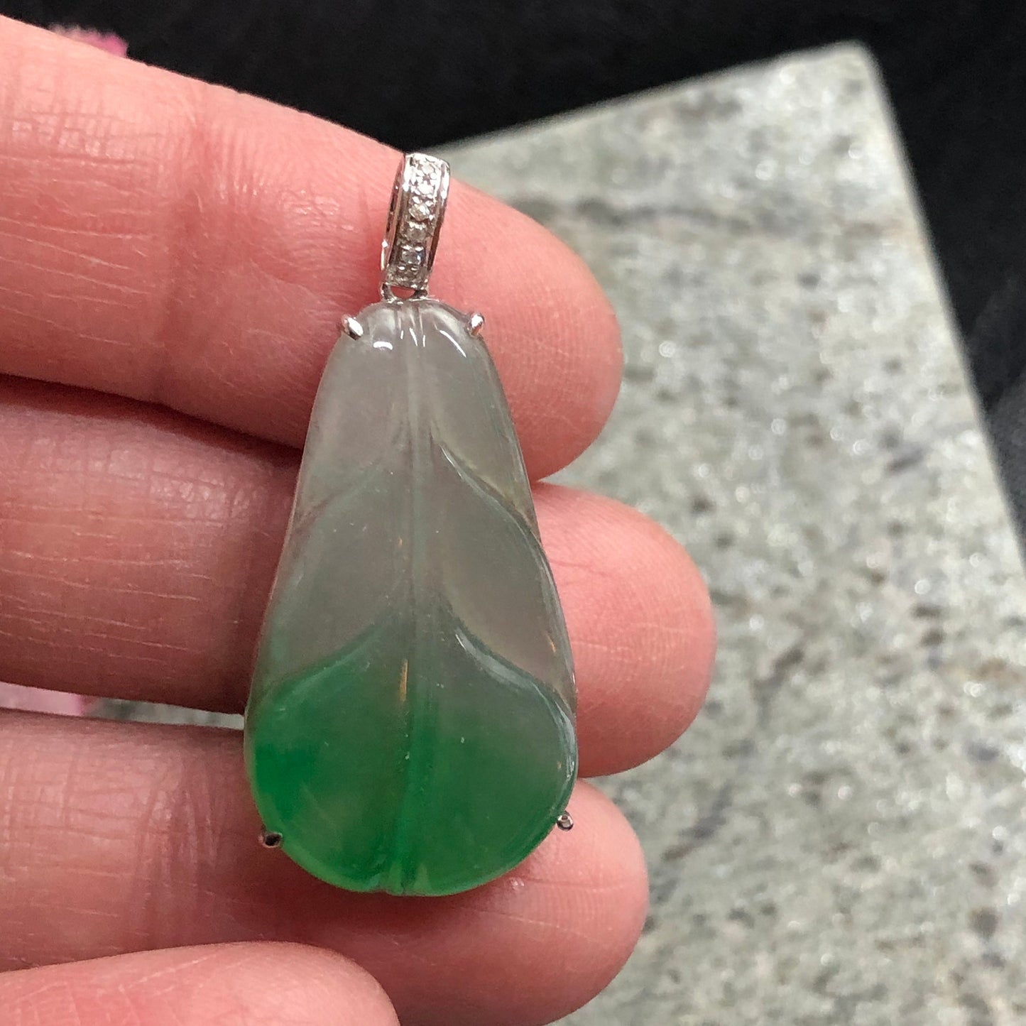 SALE: Grade A Icy Gradient Green Leaf Jadeite Jade Pendant 18K White Gold Buckle Diamonds