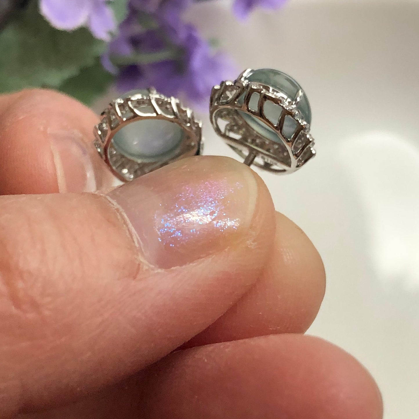 NEW Grade A High Icy Blue Jadeite Jade Cabochon shaped earrings set on 18K white Gold Leaf