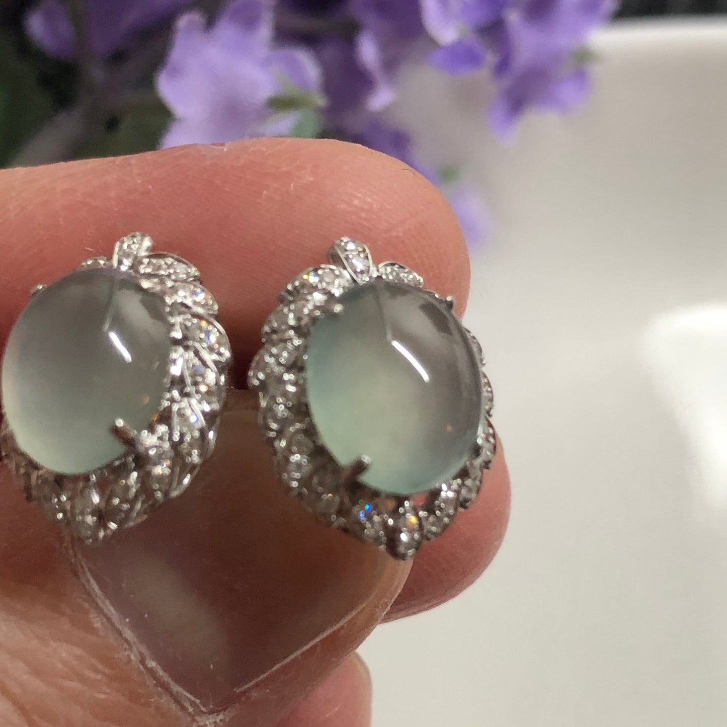NEW Grade A High Icy Blue Jadeite Jade Cabochon shaped earrings set on 18K white Gold Leaf