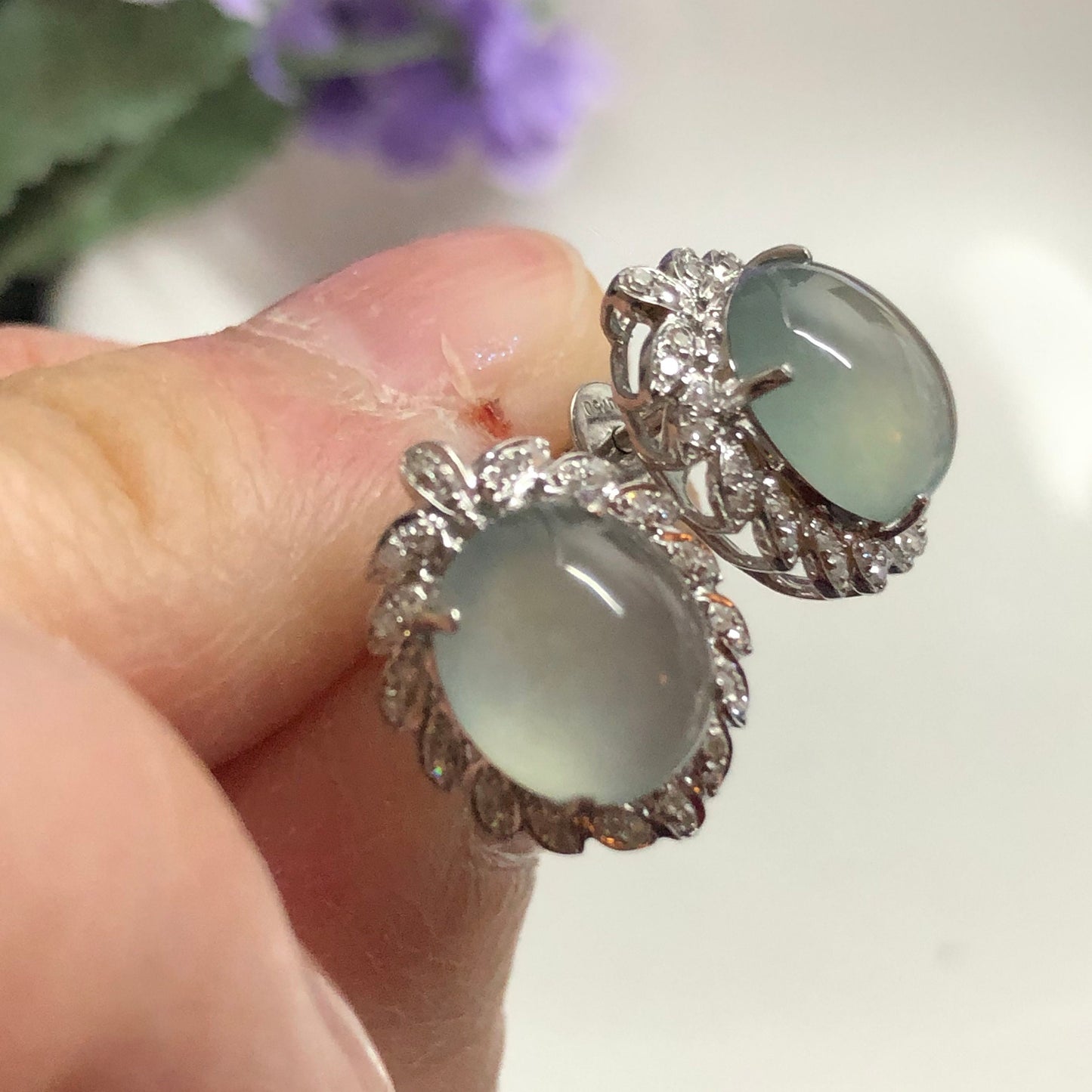 NEW Grade A High Icy Blue Jadeite Jade Cabochon shaped earrings set on 18K white Gold Leaf