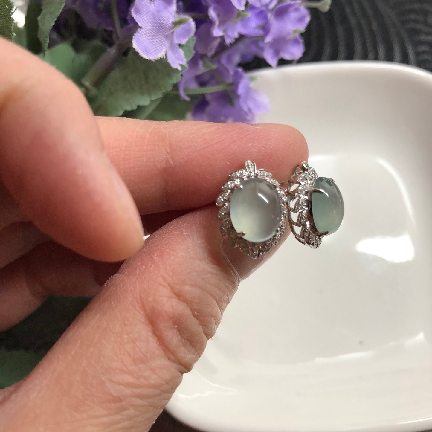 NEW Grade A High Icy Blue Jadeite Jade Cabochon shaped earrings set on 18K white Gold Leaf