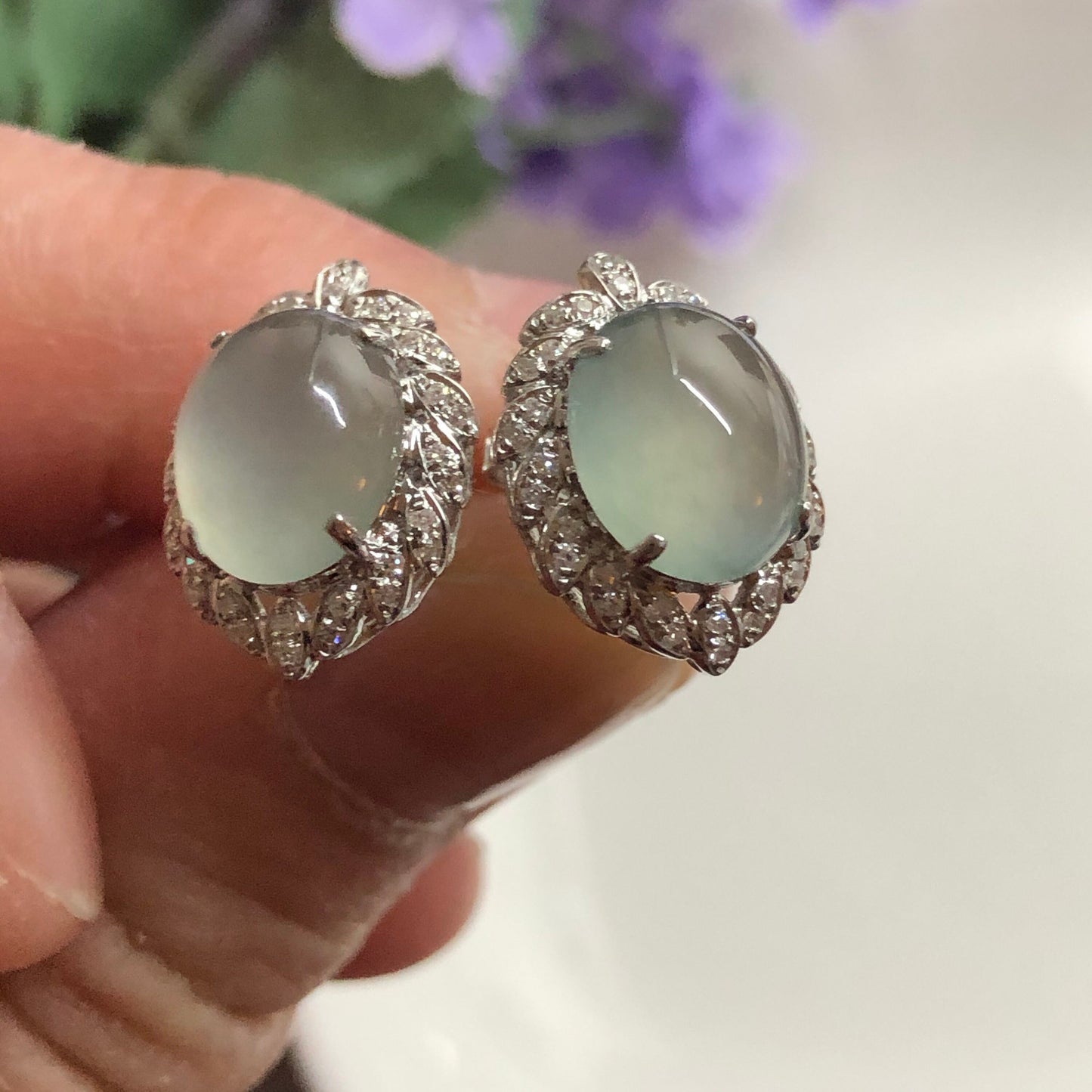 NEW Grade A High Icy Blue Jadeite Jade Cabochon shaped earrings set on 18K white Gold Leaf