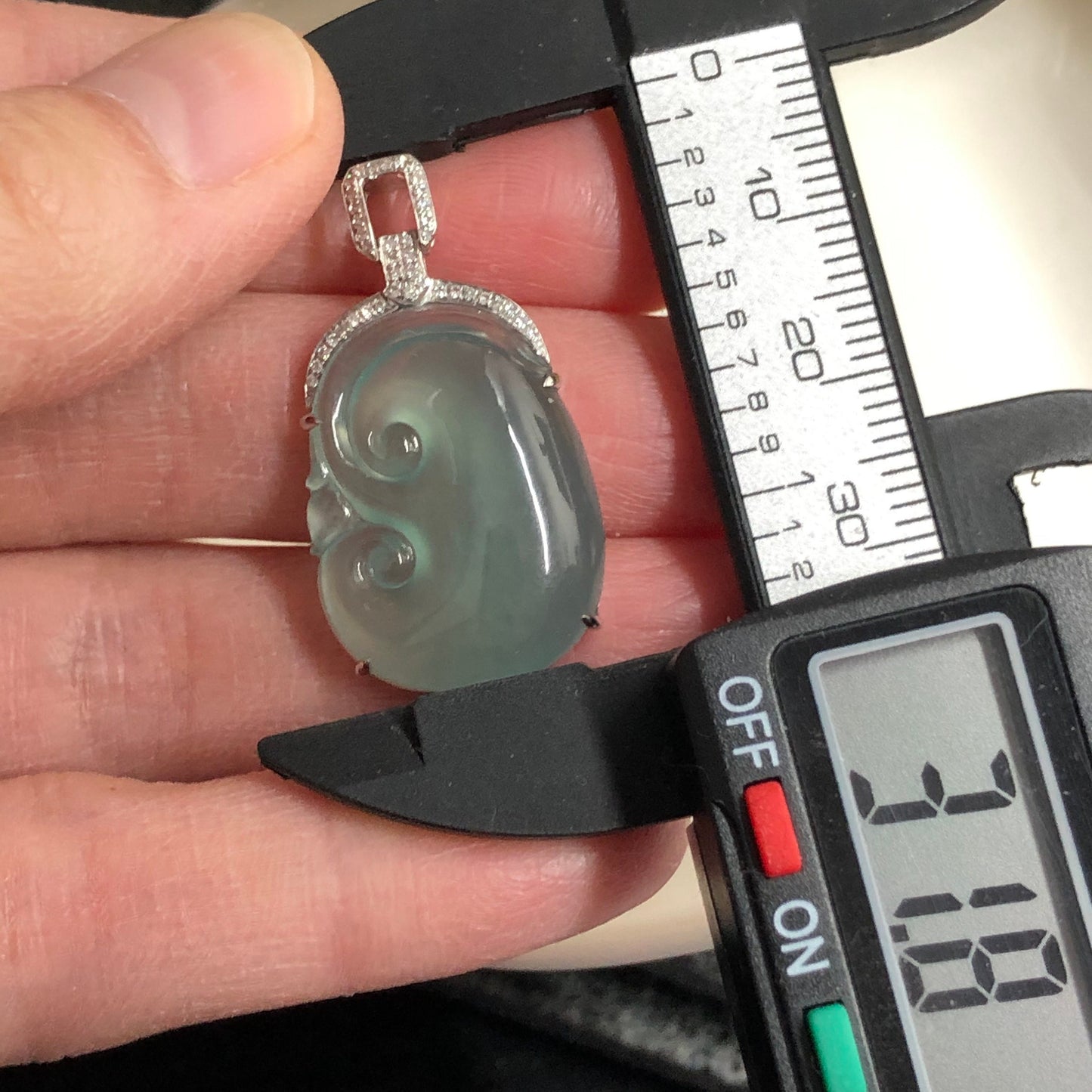 NEW Grade A Icy Jadeite Jade Ruyi Pendant set on 18K White Gold