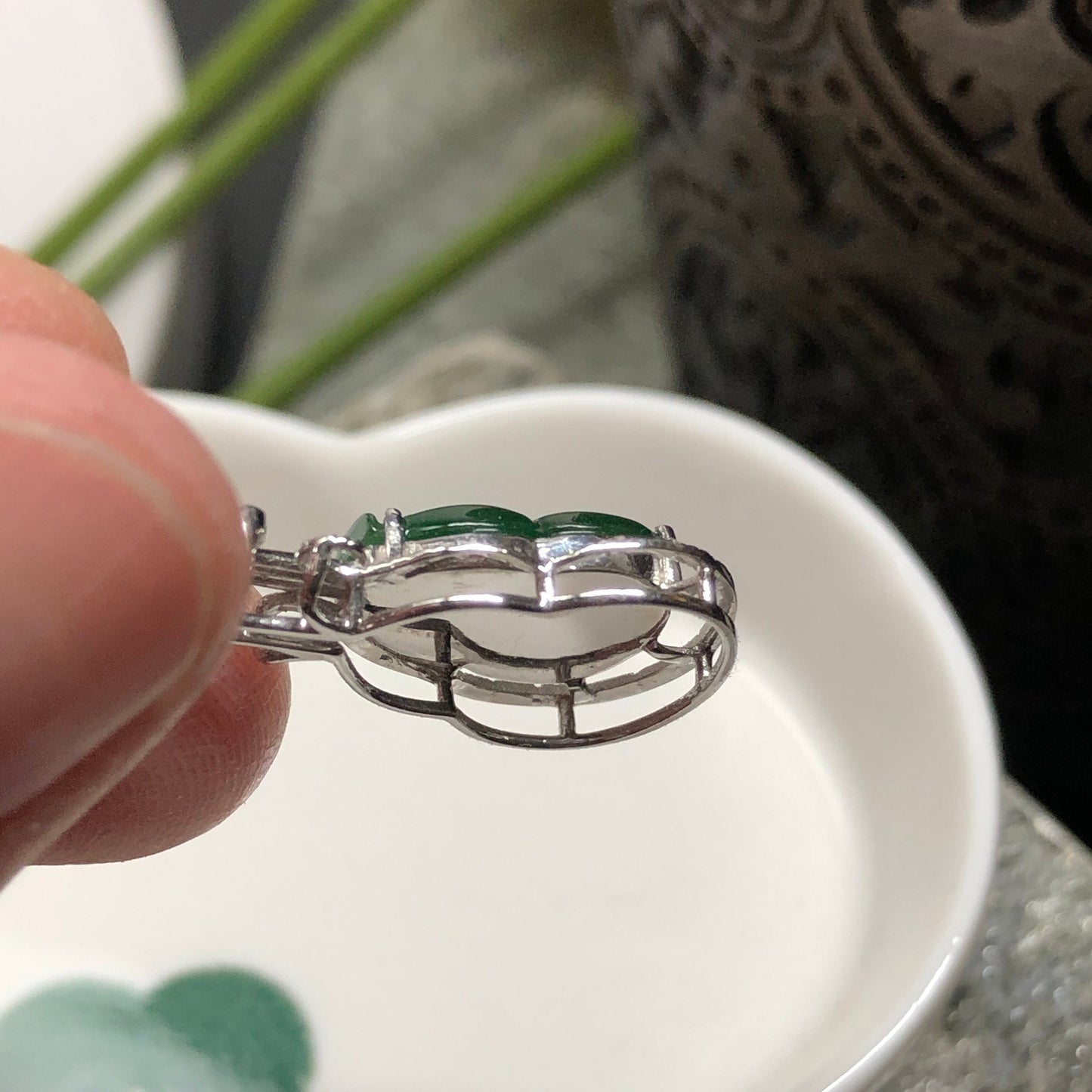 NEW Grade A Icy Jadeite Jade Ruyi Pendant set on 18K White Gold