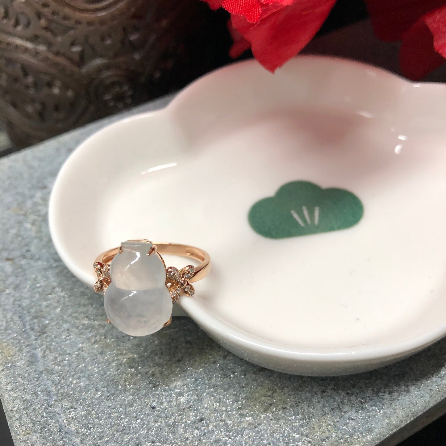 Certified Grade A Jadeite Jade Icy Gourd Ring set in 18K Yellow Gold