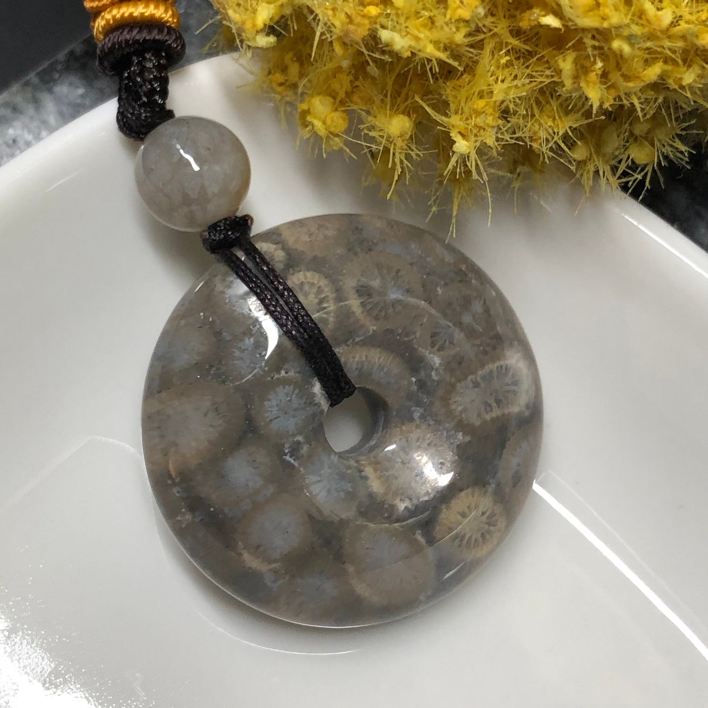 NEW Yellow Brown Fossil Coral Pendant with Neck Rope Tie FC601 RARE Last One!!