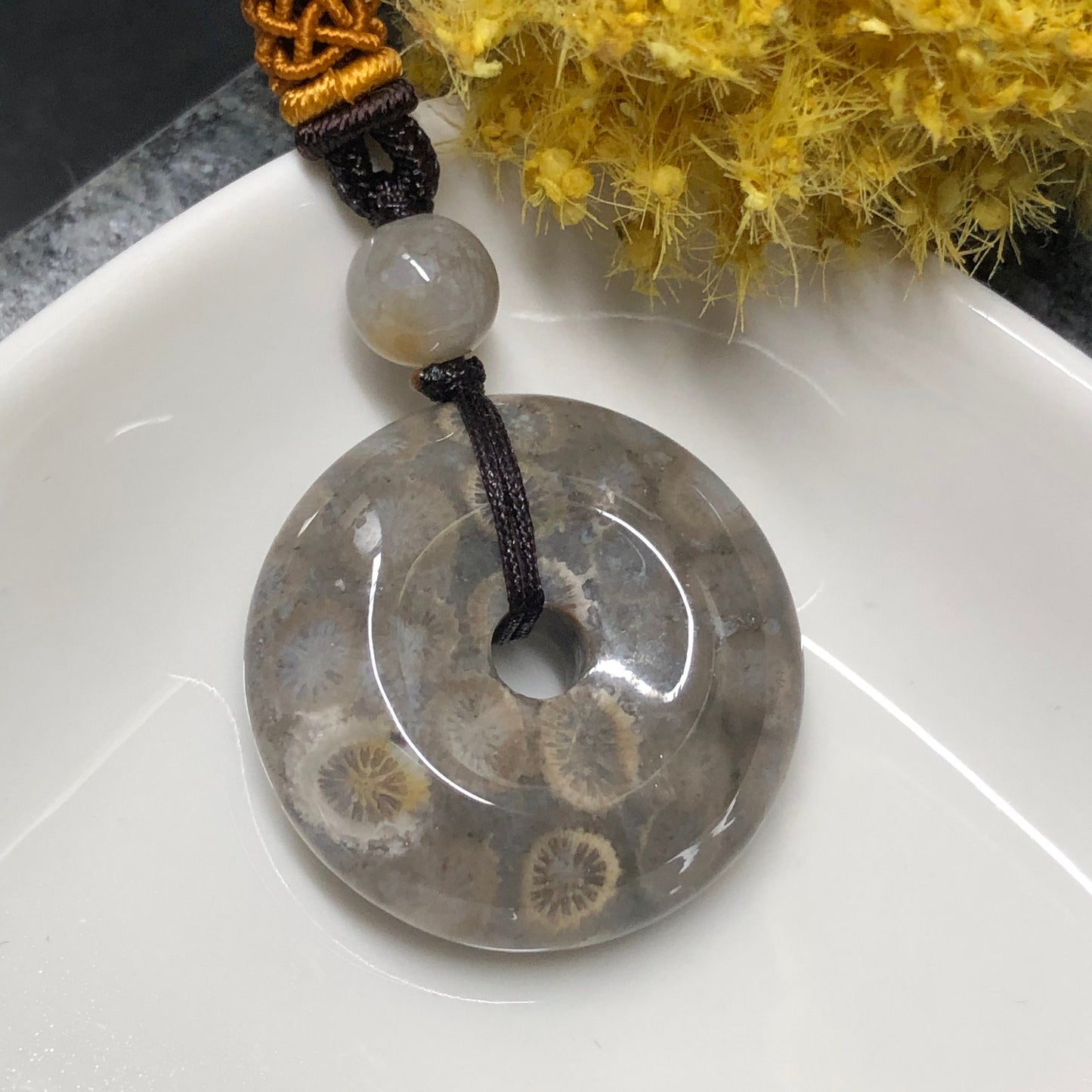 NEW Yellow Brown Fossil Coral Pendant with Neck Rope Tie FC601 RARE Last One!!