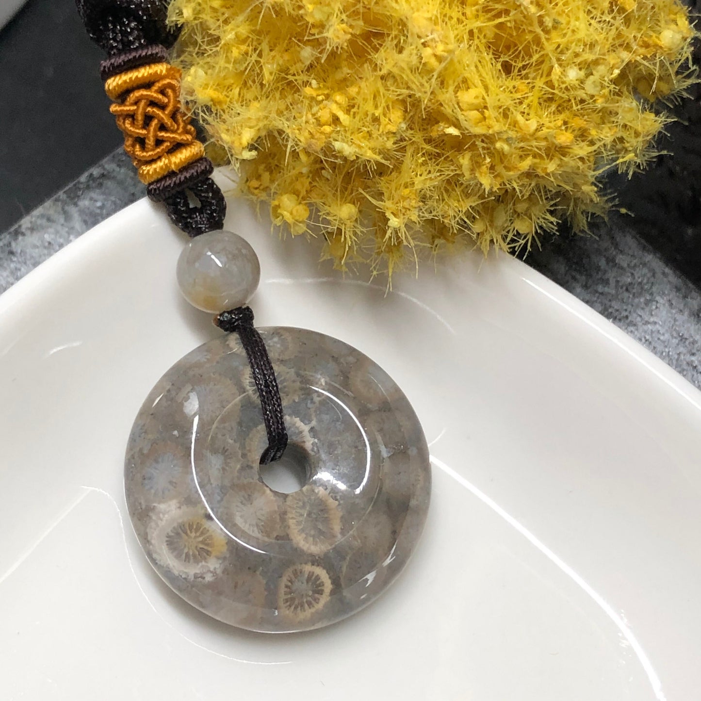 NEW Yellow Brown Fossil Coral Pendant with Neck Rope Tie FC601 RARE Last One!!