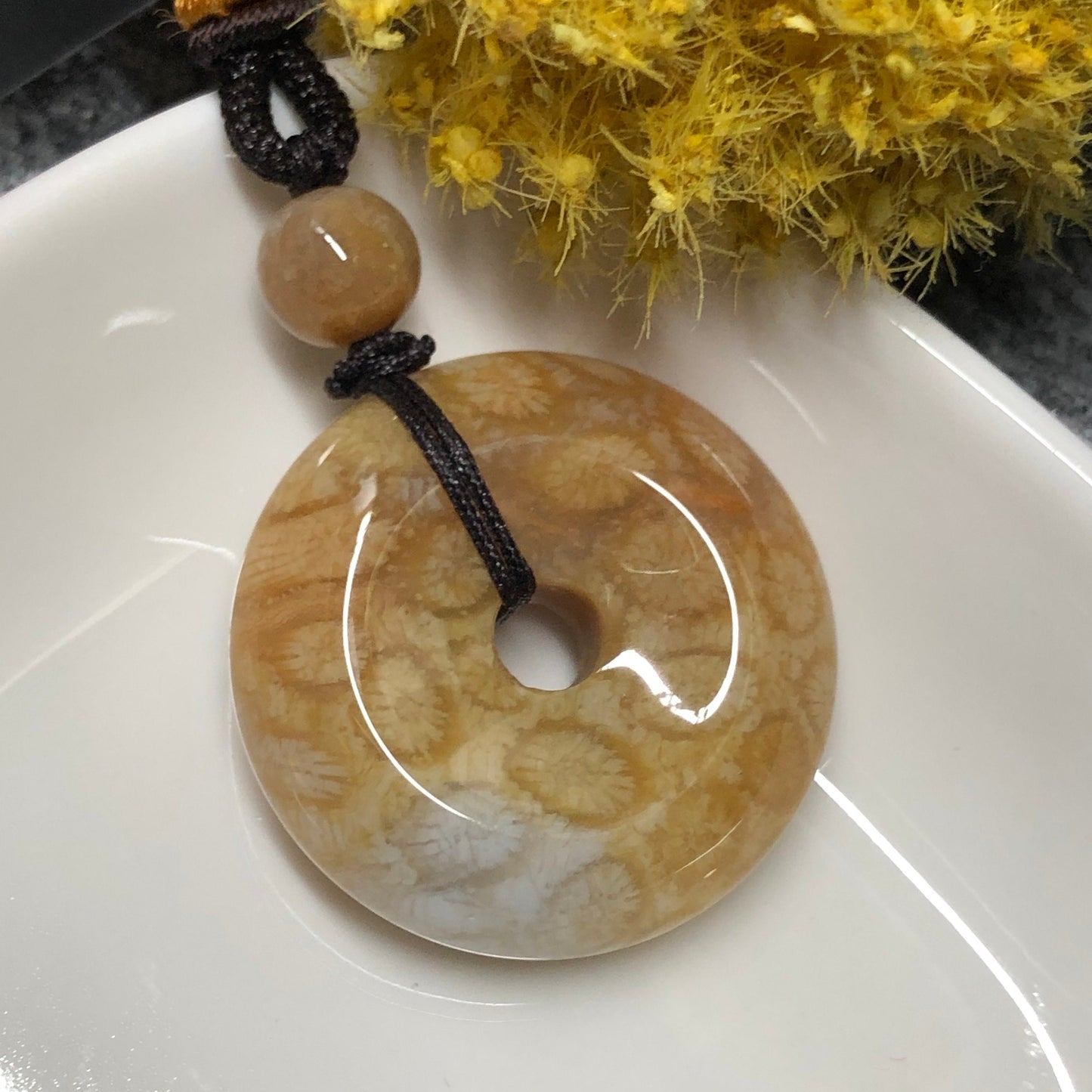 NEW Yellow Brown Fossil Coral Pendant with Neck Rope Tie FC603 RARE Last One!!