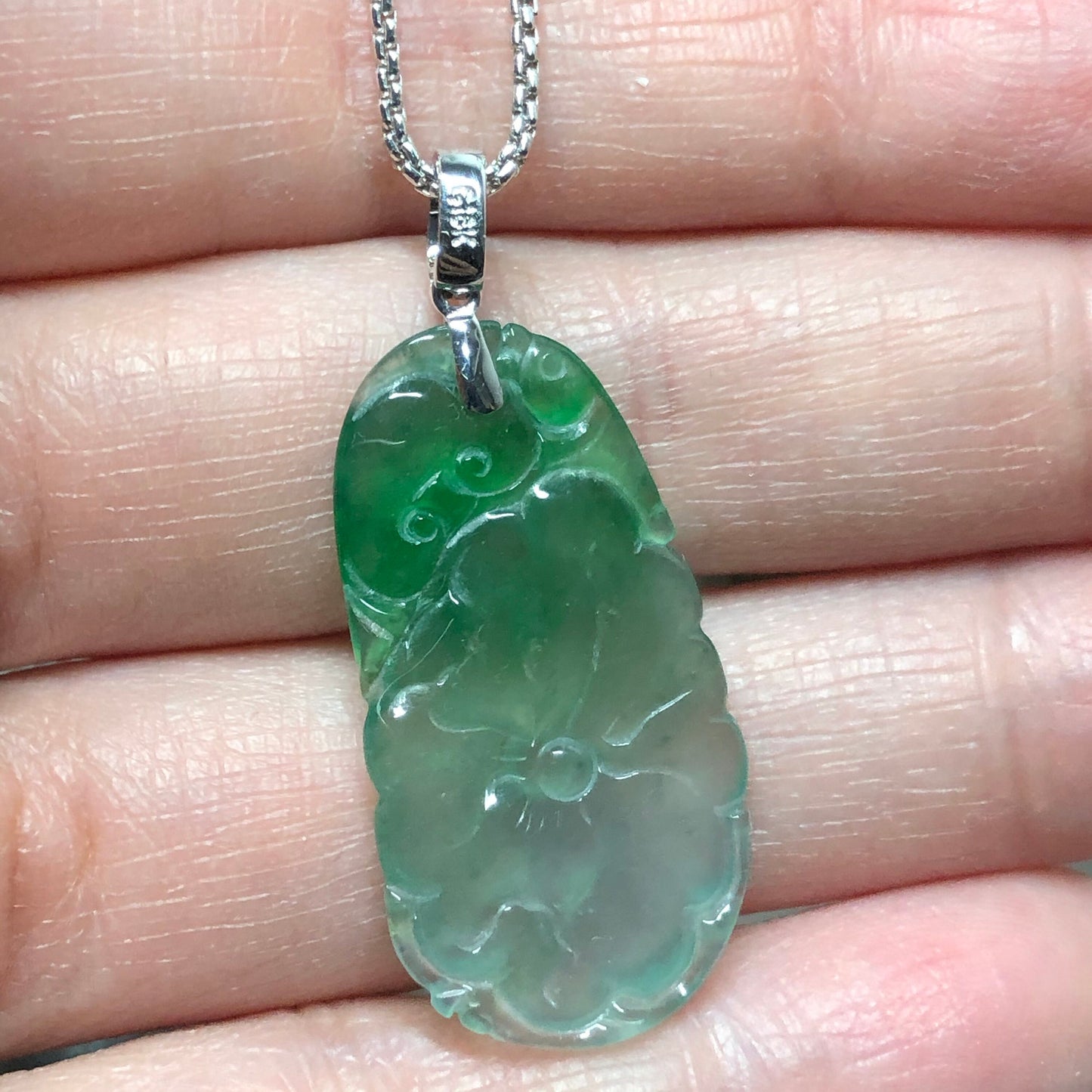 Myanmar Grade A Jadeite Jade Icy Lotus Flower Yang Green Pendant 18K