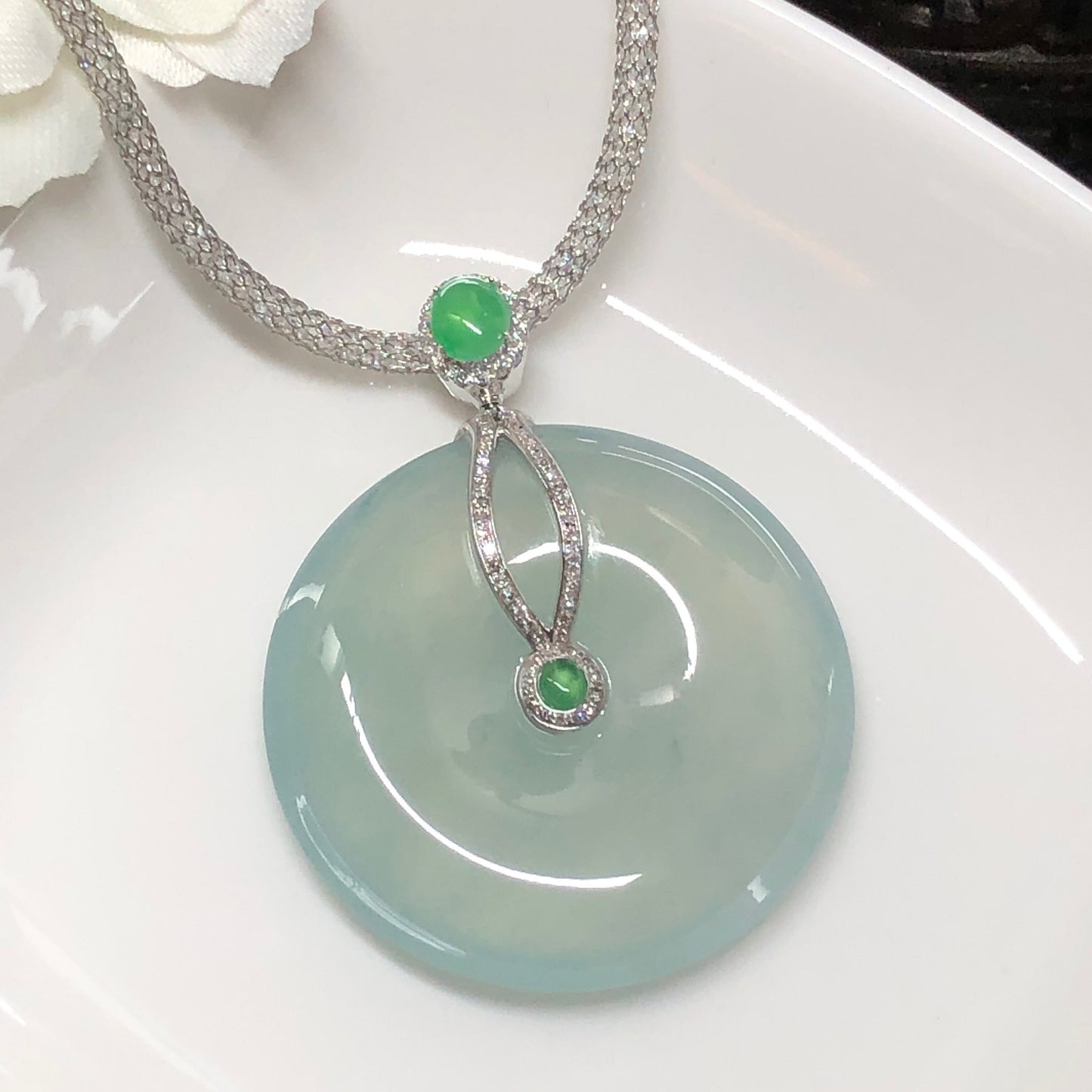 RESERVED: Certified Myanmar Grade A Moist High Icy Green Peace Donut set on 18K White Gold