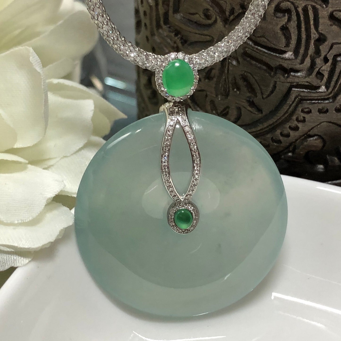 RESERVED: Certified Myanmar Grade A Moist High Icy Green Peace Donut set on 18K White Gold
