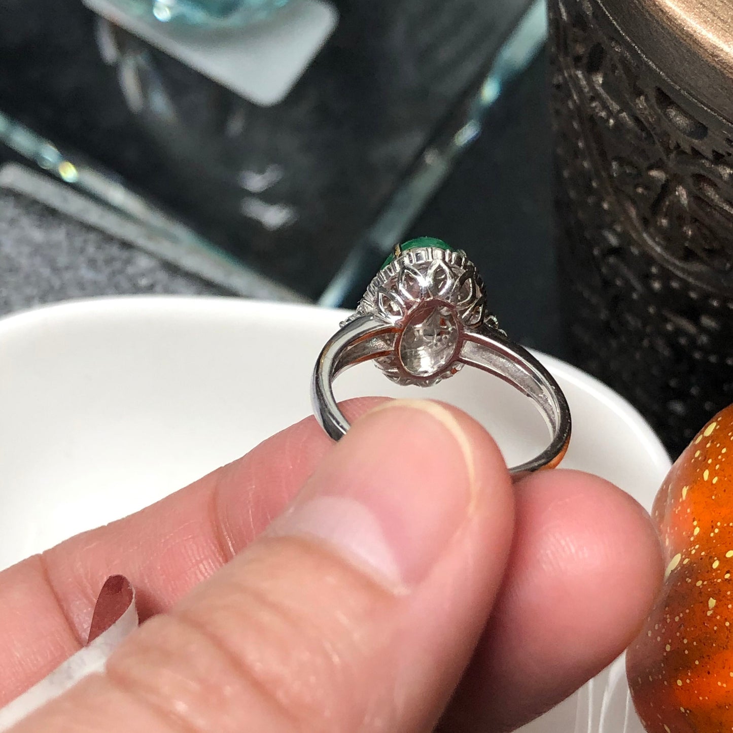 18K White Gold 10mm Jadeite Jade Icy Yang Green Oval Cabochon Ring Diamonds