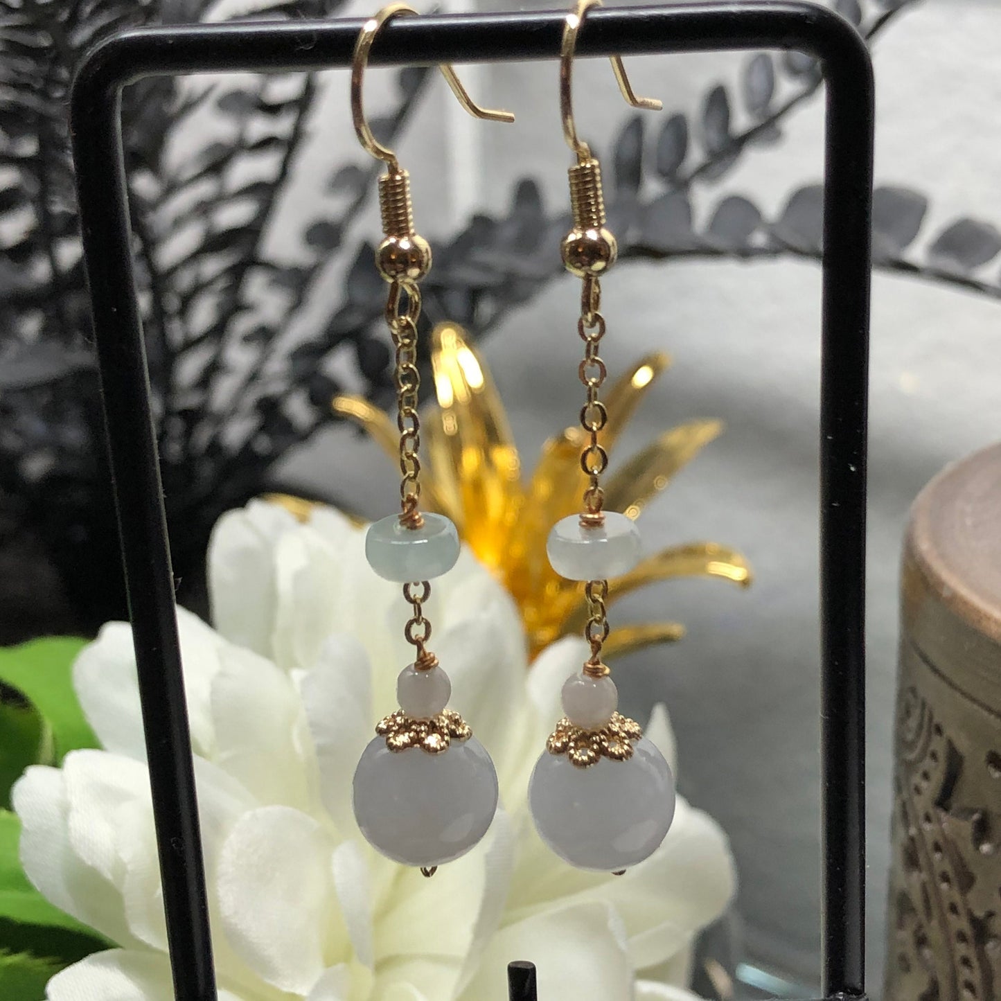Myanmar Grade A Icy Jadeite Jade Spherical Ball Earring 14K Gold Plated