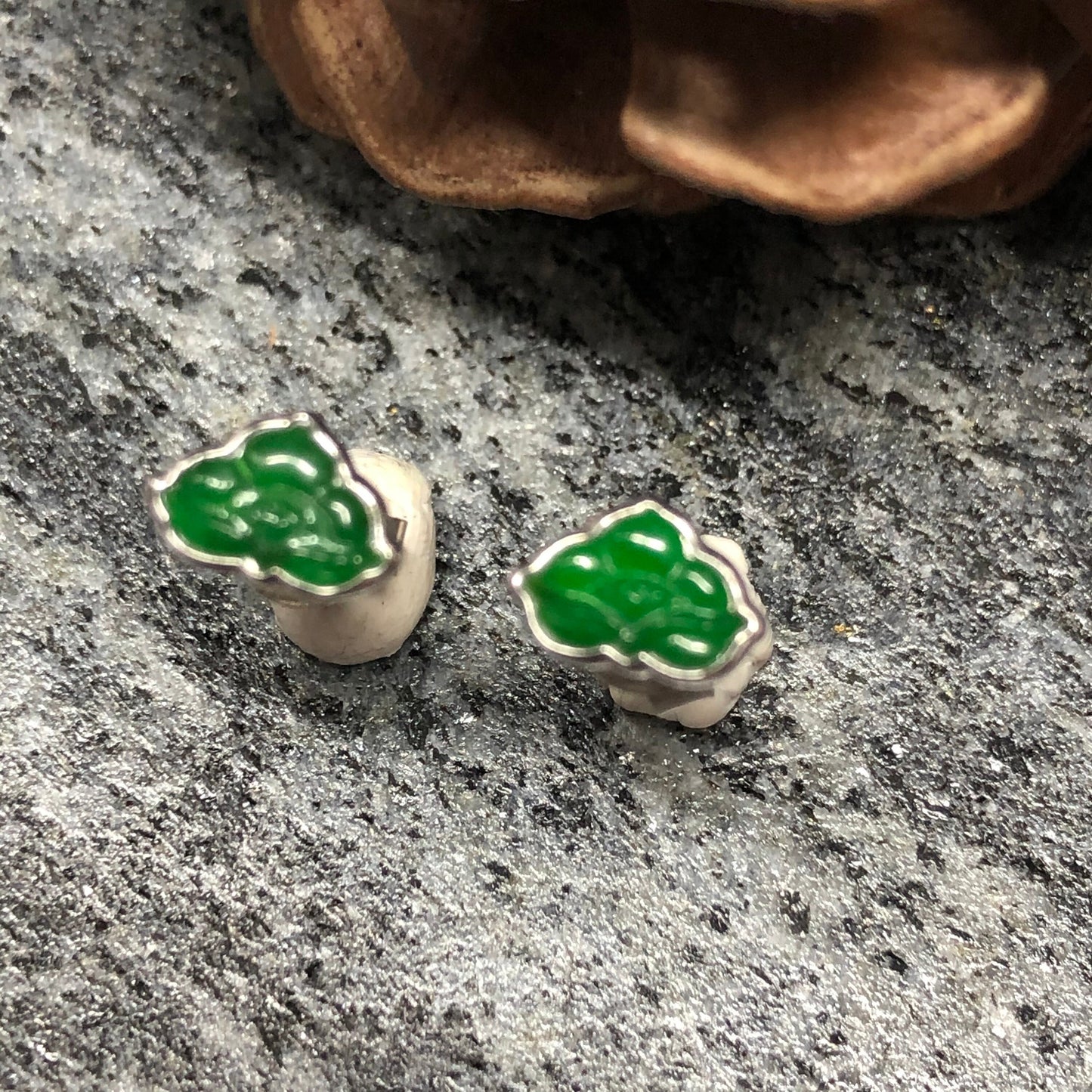 Certified Grade A Emerald Green Jadeite Jade Carved Lotus Flower shaped earrings set on 18K White Gold.