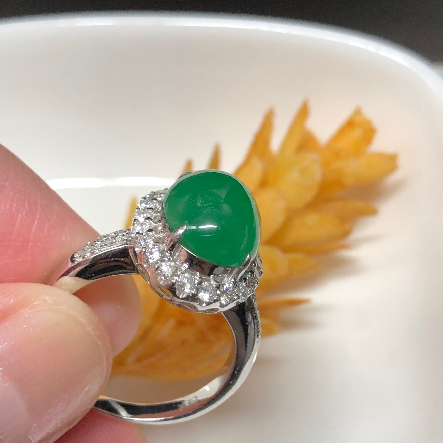 Certified Myanmar Grade A Jadeite Jade Green Janie Oval Cabochon Ring 18K White Gold 11.9mm