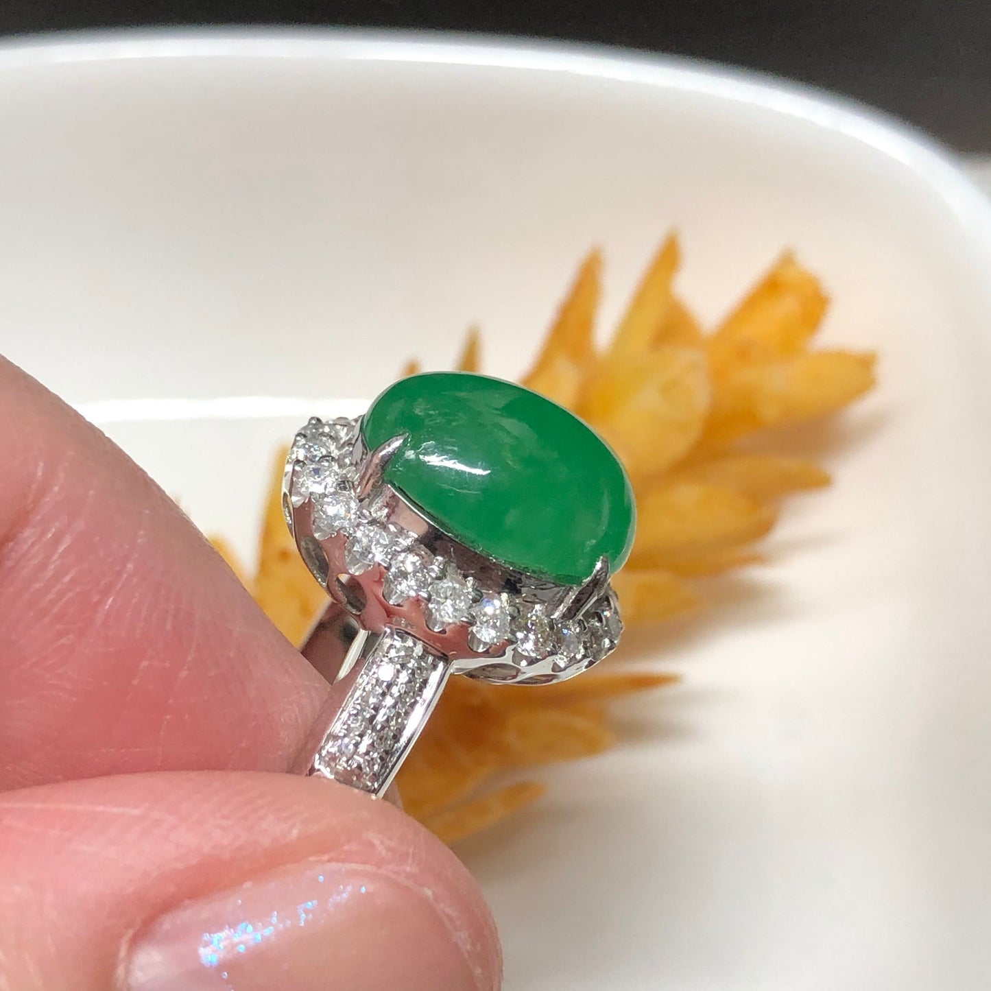 Certified Myanmar Grade A Jadeite Jade Green Janie Oval Cabochon Ring 18K White Gold 11.9mm