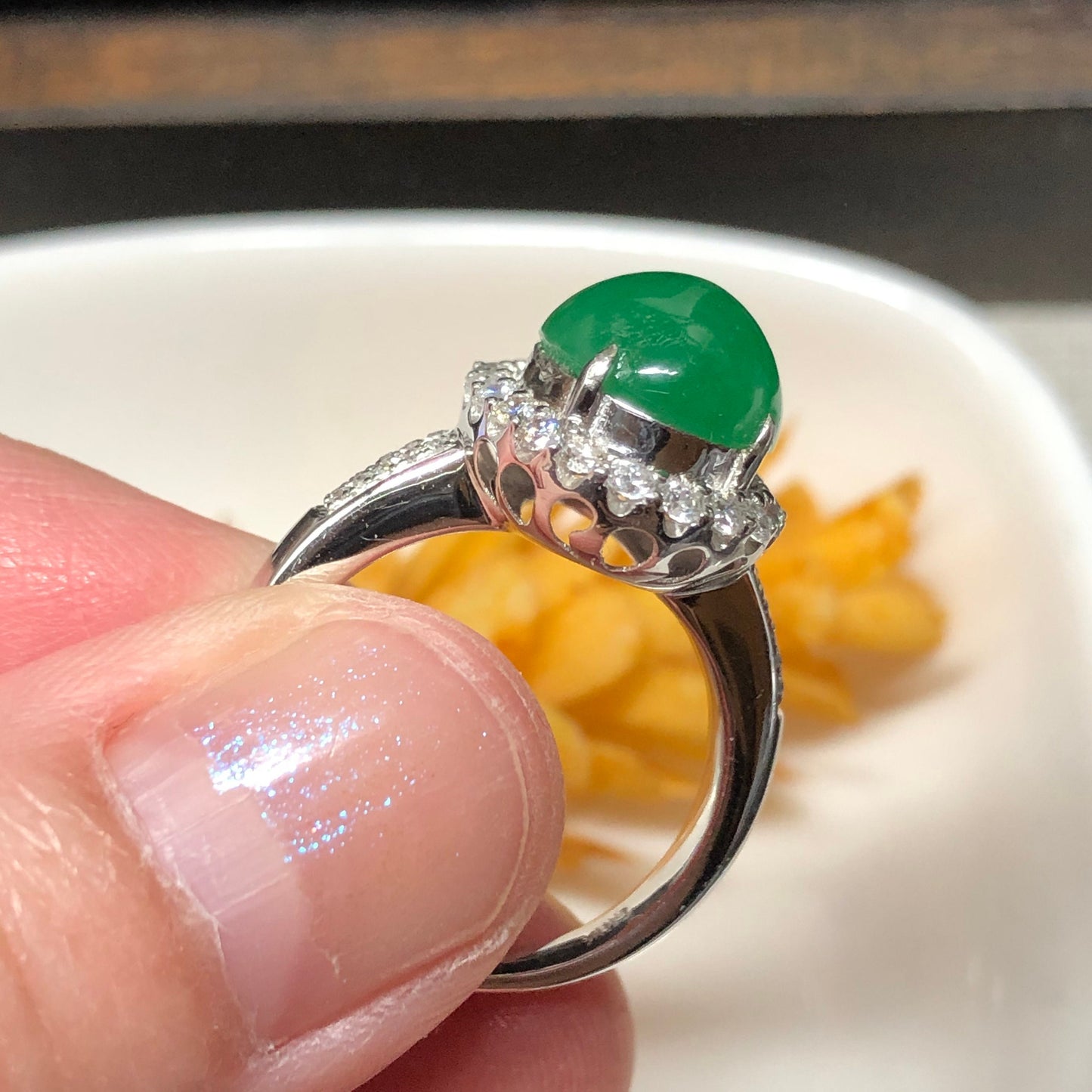 Certified Myanmar Grade A Jadeite Jade Green Janie Oval Cabochon Ring 18K White Gold 11.9mm